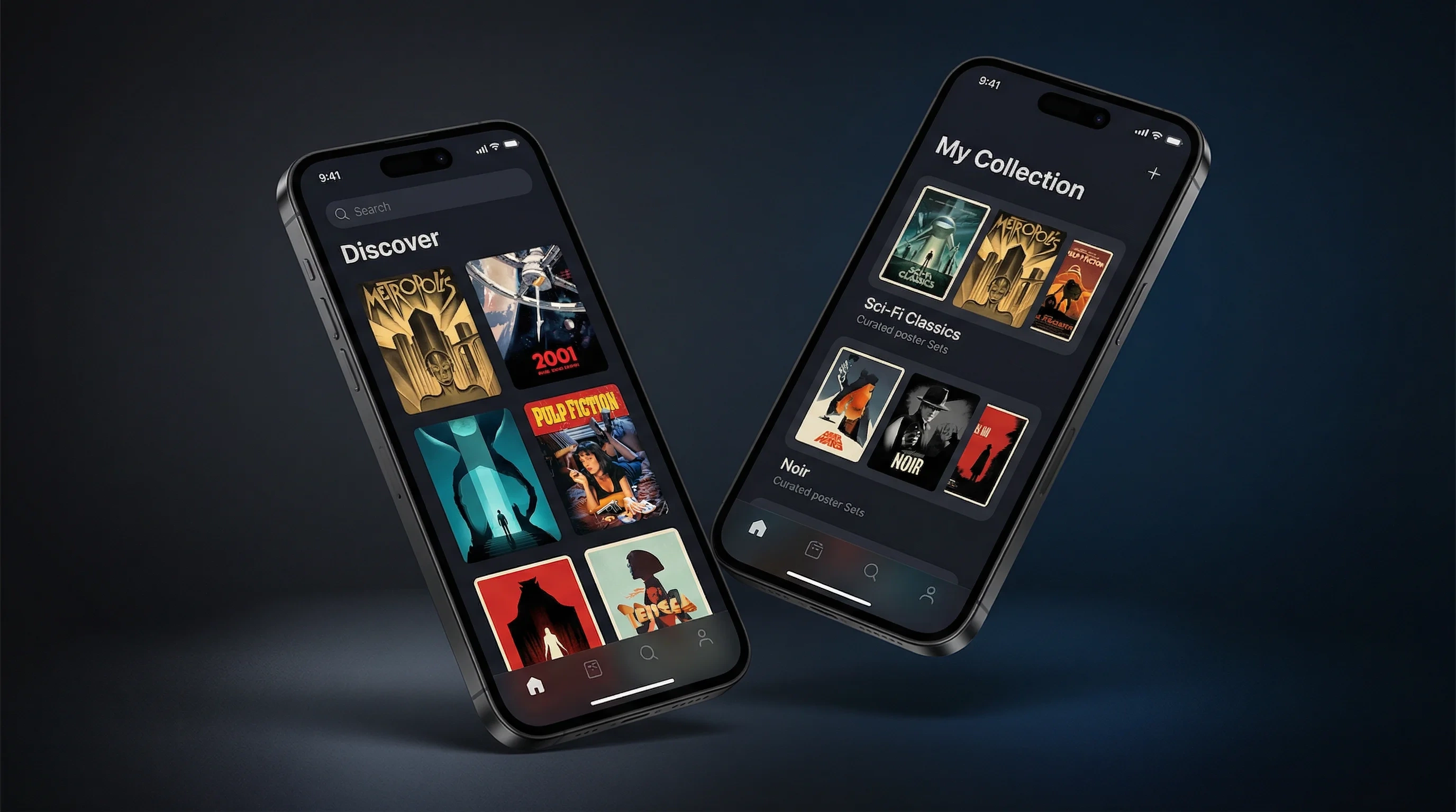 海角网移动端APP界面展示海报浏览和收藏功能